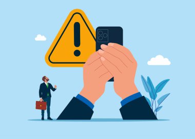 Eller akıllı telefonu tutuyor ve yeni bir iş kurmak için başlama düğmesine basıyor. Şirket kurma, geliştirme, yönetim değişikliği. Düz modern vektör illüstrasyonu