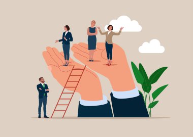 İş kadınları merdivenleri tırmanırken erkekler için yer kalmıyor. Cinsiyet farkı, şirket yönetim kurulunda kadın hakimiyeti yönetim pozisyonunda eşitsizlik. Düz vektör illüstrasyonu