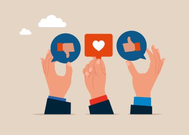 İletişim. Sosyal medya olumlu ve olumsuz geri bildirim. Tartışma ya da müşteri yorumu. Düz vektör illüstrasyonu.