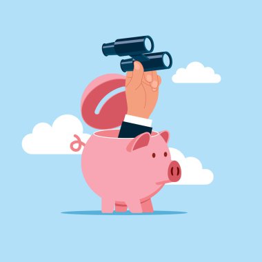 İşadamı para biriktirmek için dürbünle kumbarayı açıyor. Vektör illüstrasyonu