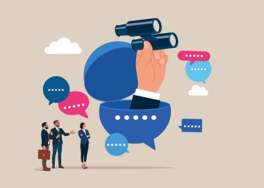 İş arkadaşı, tartışma için dürbün kullanarak geri bildirim konuşma baloncuğu açar, toplantıda iş tartışması yapar. Düz vektör illüstrasyonu.