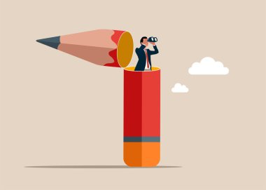 Yaratıcı arayış ve ilham arıyorum. Dürbünü olan bir iş adamı tasarımcılar, yazarlar ve içerikler için araştırma yapıyor ve hayal kuruyor. Düz vektör illüstrasyonu