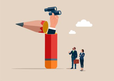 Yaratıcı arayış ve ilham. Dürbünü araştıran bir işadamı içerik ve çözümler kavramını keşfetti. Düz vektör illüstrasyonu