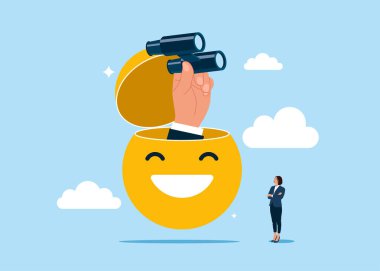 Olumlu düşün. Pozitif düşünen iş adamı. Şirket yararları, olumlu tavırlar. Düz biçimli modern vektör illüstrasyonu