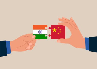 İkili işbirliği. Yapboz unsurları Çin ve Hint bayraklarını birbirine bağlıyor. Vektör illüstrasyonu
