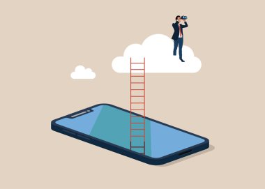 Yeni bir fırsat kolluyorum. Akıllı akıllı telefon ve beyaz bulutların üzerinde duran iş adamı. Düz vektör illüstrasyonu