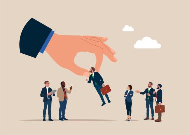 İş adamı kalabalıktan göze çarpan insanları seçer. Düz vektör illüstrasyonu