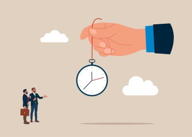 İnsan eli bir ofis saatini tutar. 7 / 24 destek servisi, çalışma saatleri. Uzun vadeli yatırım başarısı. Vektör illüstrasyonu