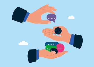 Üç kol bir sonraki konuşma balonunu yapacak. İletişim, çalışan anketi ya da müşteri önerisi. Düz biçimli modern vektör illüstrasyonu