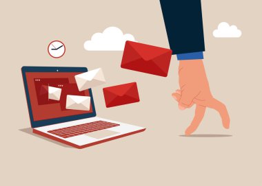 İnsan eli, bilgisayardan gelen aşırı yüklenmiş posta mektuplarından kaçıyor. İş verimliliğini ve verimliliğini azaltan çok fazla gereksiz e-posta yüklemesi. Düz vektör illüstrasyonu