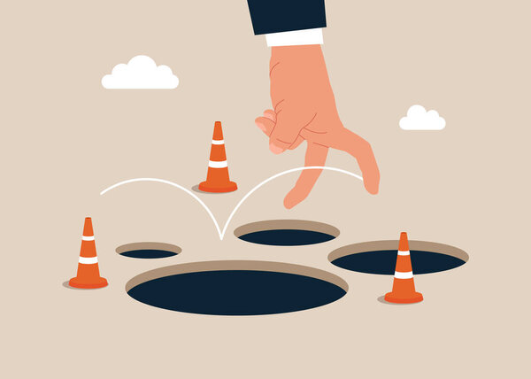 Человеческая рука Прыжок пройти много ловушек и храбрый, чтобы прыгнуть пройти ошибки и неудачи, творческий подход к решению проблемы концепции. Плоская векторная иллюстрация.