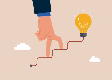 Elektrik hattında yürüyen insan eli büyük fikir ampulüne giden bir merdiven gibidir. Kariyer yolu mu, hedef başarısı mı? Düz vektör illüstrasyonu