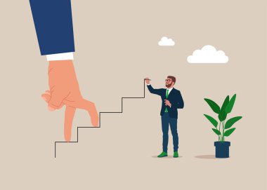 Merdiven çizen bir iş adamı. İnsan eli amaçlarına ulaşmak için merdivenleri çıkıyor. Motivasyonu arttır, hedefin başarısına giden yol. Düz vektör illüstrasyonu.