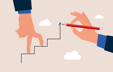 İnsan eli merdiven çekiyor. Partnerler hedeflerine ulaşmak için merdivenleri çıkıyorlar. Motivasyonu arttır, hedefin başarısına giden yol. Düz vektör illüstrasyonu.