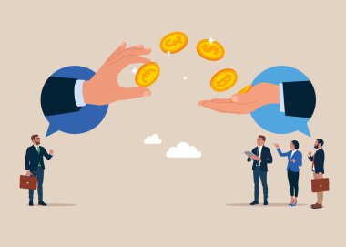 İnsanlar online bir bağlantı üzerinden para gönderip alıyorlar. Mobil bankacılık ve çevrimiçi ödemeler kavramı. Düz vektör illüstrasyonu