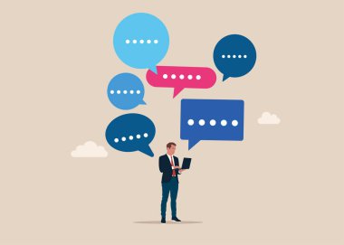 İş adamı mesajlaşan diyaloglar için onun ağ defterini kullanıyor. Düz vektör illüstrasyonu