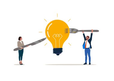 İş adamları çatal bıçağını kesip ampul kablosu yiyor. Düz vektör illüstrasyonu