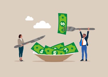 İş adamları çatal bıçak tutar, para yerler. Açgözlü işadamı, tüketiciliği simgeleyen banknotları yiyor. Düz vektör illüstrasyonu