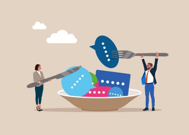 Konuşma, toplantı, takım iletişimi, iş arkadaşı sohbeti, görüş. İş adamları bıçak çatalı tutarlar, konuşma baloncukları yerler. Düz vektör illüstrasyonu