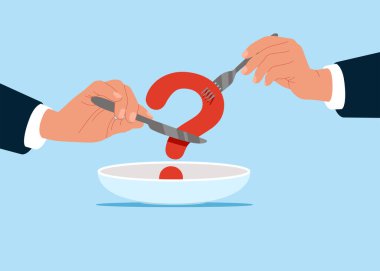 Kollar çatal bıçağını masaya doğru tutar ve büyük bir soruyla boş tabağa bakar. Düz vektör illüstrasyonu