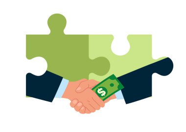 El sıkışarak ve para göndererek yozlaşma. Yolsuzluğu durdurun. Suç ve aldatma. Anlaşmayı bitir ve yap-bozun el sıkışmasını yap. Düz vektör illüstrasyonu