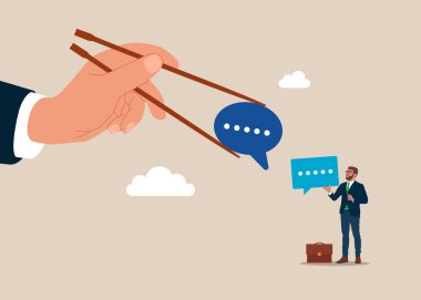 Verimli diyalog. Gamma kolu parmakları yemek çubuklarını diyalogla tutuyor. İş arkadaşları, menajerler ve ekip arasındaki sanat kurumsal iletişimi. Düz vektör illüstrasyonu