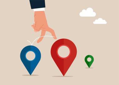 Harita navigasyon piminden yeni bir yer değiştirme metaforuna el atlama. İş yeri değişikliği, ofisi yeni adrese taşımak ya da yeni konum kavramına geçmek. Düz vektör illüstrasyonu