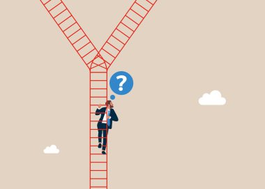 İşadamı merdivenleri tırmandı ve karar vermek için yol ayrımını buldu. Hedeflere ulaşma yönünü belirliyorum. Düz vektör illüstrasyonu