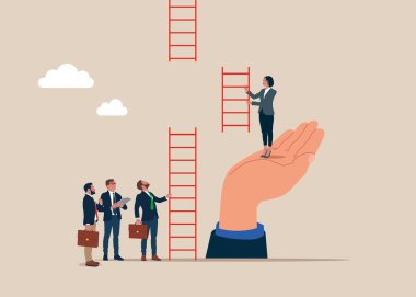 İş desteği. Kadınla el ele tutuşmak başarı basamaklarını tırmanmaya yardım eder. Kariyer okşamayı seç. Düz vektör illüstrasyonu