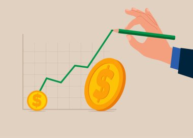 İşadamı dolar fiyat artışı grafiği çiziyor. Yükselen dolar fiyatı yeni rekor konsepti vurdu. Düz vektör illüstrasyonu
