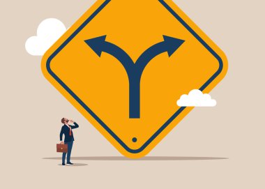 İşadamı yolu seçmeye karar verdi. Yolunu arıyor. Belirsizlik. Bir yol arıyorum. Düz biçimli modern vektör illüstrasyonu 