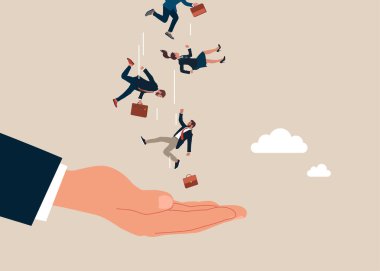 Kaybı korumak için güvenlik. İş ekibi gökyüzünden nazik bir yardım eline düştü. Düz biçimli modern vektör illüstrasyonu.