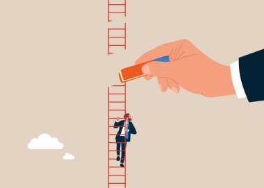 İşadamı silgiyle merdiveni kaldırdı. İş başarısızlığı. Yatırımcının para kaybetmesi ya da iş pozisyonunun düşmesi. Düz vektör illüstrasyonu