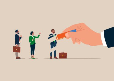 İşadamı silgiyle çalışanı çıkarmış. İşini kaybetmek, işsizlik, mali kriz. Düz biçimli modern vektör illüstrasyonu