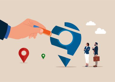 İşadamı silgiyle yeni konum ofisini kaldırdı. Uzaktan veya uzaktan çalışma, sanal ofis veya herhangi bir yerde çalışma, serbest ya da çevrimiçi ofis. Düz vektör illüstrasyonu