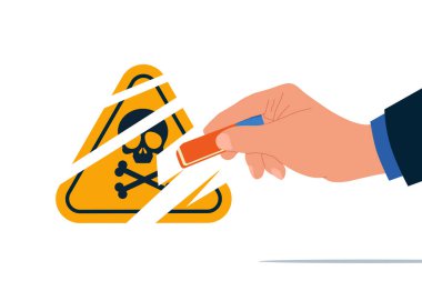 İşadamı silgiyle tehlike işaretini kaldırdı. Düz vektör illüstrasyonu