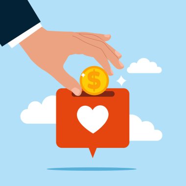 Bozuk parayı kalp simgesine koyuyor. Sosyal medyayı satın almak ya da yatırım yapmak. Sosyal medya olumlu ve olumsuz geri bildirim. Düz biçimli modern vektör illüstrasyonu