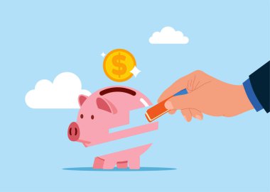 İşadamı silgiyle kumbarayı kaldırdı. Düz vektör illüstrasyonu