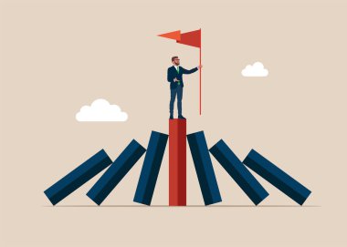 İşadamı Domino Listesi 'nde birinci, her şeyi alır, iş yarışmasında hayatta kalır. Düz modern vektör illüstrasyonu. 