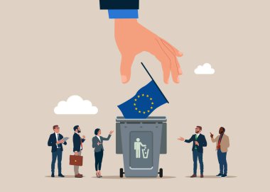 Atık sepeti AB 'nin el yapımı bayrağı. Avrupa Birliği ekonomisi çöküyor. Kriz, durgunluk, çöküş ve borsa çöküşünün sembolü. Düz biçimli modern vektör illüstrasyonu. 