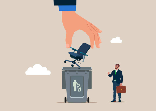 Frustrated businessman throw office chair the waste basket. Job search, hiring, employment, freelance, jobs. Modern vector illustration in flat style. 