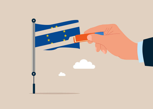 Businessman removed flag European Union with eraser. EU economy collapse. Modern vector illustration in flat style. 