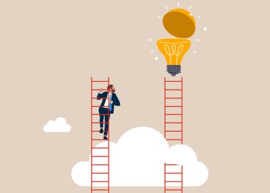 Stratejik hatalar. İş adamı ampul fikrine ulaşmak için yanlış merdiveni tırmanıyor. Hedeflere ulaşamamak. Vektör illüstrasyonu