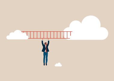 İş adamı buluta merdiven dayamış gibi görünüyor. İş fırsatı için başarı. İşi değiştir. Düz vektör illüstrasyonu