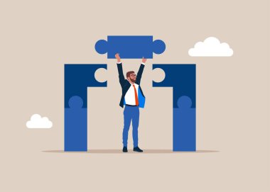 Yapboz kare köprüsünü bağlayan bir iş adamı. İş sorununu, iş bağlantısı kavramını çözmeyi düşünüyorum. Vektör illüstrasyonu