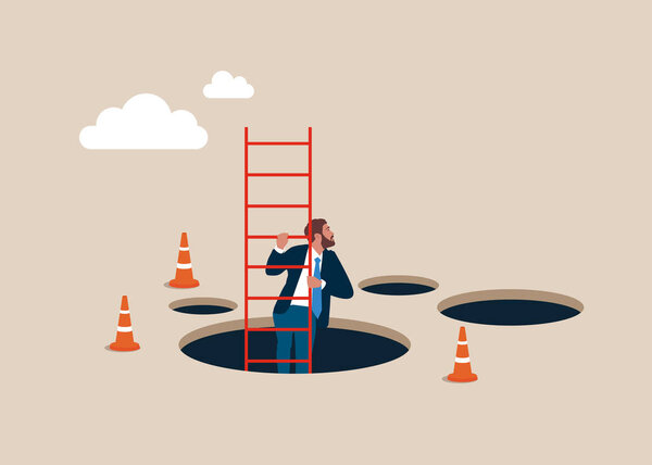 Выживший бизнесмен вылезает по лестнице из глубокой ямы. Избегайте ловушек, невзгод и неудач в бизнесе, умения решать проблемы. Плоская векторная иллюстрация