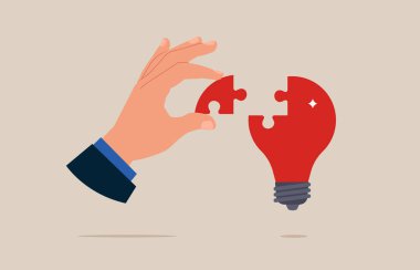 Yapboz ile ampulü bitiriyorum. İlham sembolü, yaratıcı düşünce. Düz Vektör illüstrasyon kavramı.