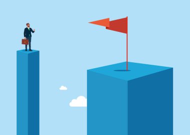 İşadamından kırmızı bayrağa. Kariyer yolu mu, hedef başarısı mı? İş riski, cesaret, macera, başarı ve hırs. Düz biçimli modern vektör illüstrasyonu.