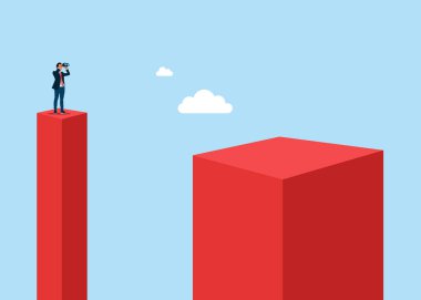 Riski değerlendir. İş adamı olayları görmek için dürbün kullanıyor. Düz biçimli modern vektör illüstrasyonu.