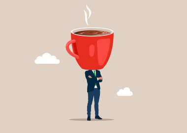 Bir fincan kahve kafalı komik bir adam. Kahve molası. Düz vektör illüstrasyonu